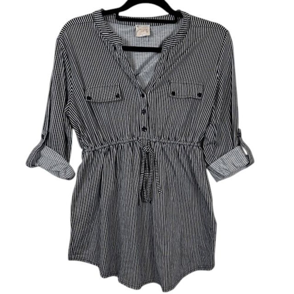 Sirenlily Black and White Striped Maternity Top Rolled Sleeve Tie Waist‎ Medium